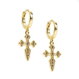 Cross Dangle Mens Iced Gold 925 Sterling Silver Huggie Dagger Hoop Earrings